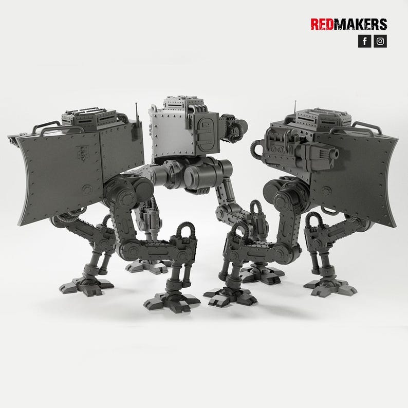 May include: Three gray, mechanical walker models with detailed armor plating and articulated legs. Each model features a central body, a shield, and weapon attachments. The Redmakers logo is visible in the top right corner.