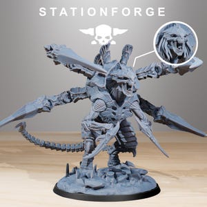 May include: A gray, detailed, 3D printed miniature of a multi-limbed, bio-mechanical creature with a sharp, toothy mouth. The creature has a long, segmented tail and multiple sharp blades. The miniature is posed on a circular base with a rocky texture.