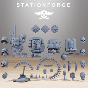 May include: An assortment of gray miniature military-themed accessories, including helmets, backpacks, skulls, and a radio. The word "STATIONFORGE" is printed at the top of the image, along with a skull logo.