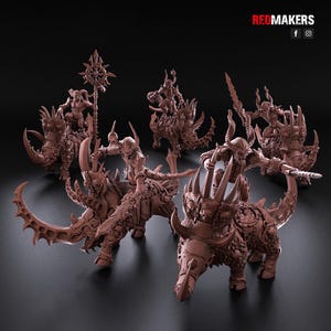 May include: A collection of brown fantasy miniatures depicting warriors riding horned beasts. The miniatures feature intricate details, including armor, weapons, and decorative elements. The Redmakers logo is visible in the top right corner.