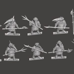 May include: A collection of ten miniature fantasy figures. Each figure is a humanoid creature with a bird-like head, wearing armor and holding a spear or polearm. The figures are all in a neutral gray color.