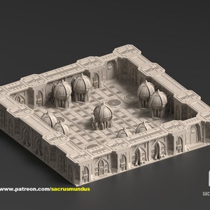 May include: A 3D printed model of a square room with a checkerboard floor and five domed structures. The room has arched doorways and a detailed exterior.