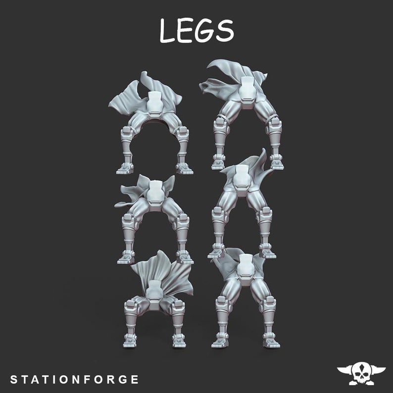 May include: Six different 3D printed robot leg designs, each with a different pose. The legs are printed in a light gray plastic and are designed for use in tabletop games or miniature painting.