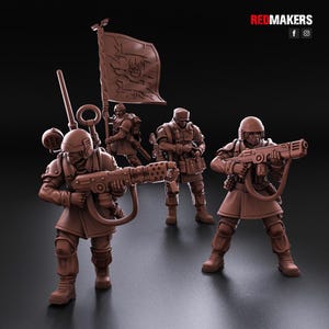 May include: A group of brown miniature soldiers, each armed with a rifle or a flag. The soldiers are wearing helmets and armor. The flag has a skull emblem. The image is set against a dark background.