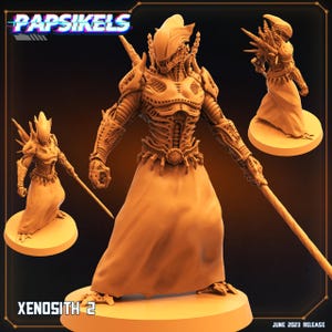 May include: A detailed, 3D printed miniature of a humanoid figure with a skeletal, insectoid design. The figure is wearing a long, flowing robe and holding a staff. The figure is painted in a light brown color. The miniature is labeled "Xenostith 2" and "PAPSIKELS".