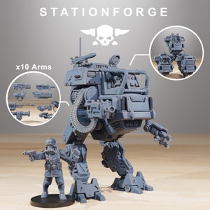 May include: A gray, articulated robot with a skull logo and the text "STATIONFORGE" on the background. The robot has a vehicle-like upper body and 10 different weapon arms. The robot is standing on a wooden surface with a smaller gray figure standing in front of it.