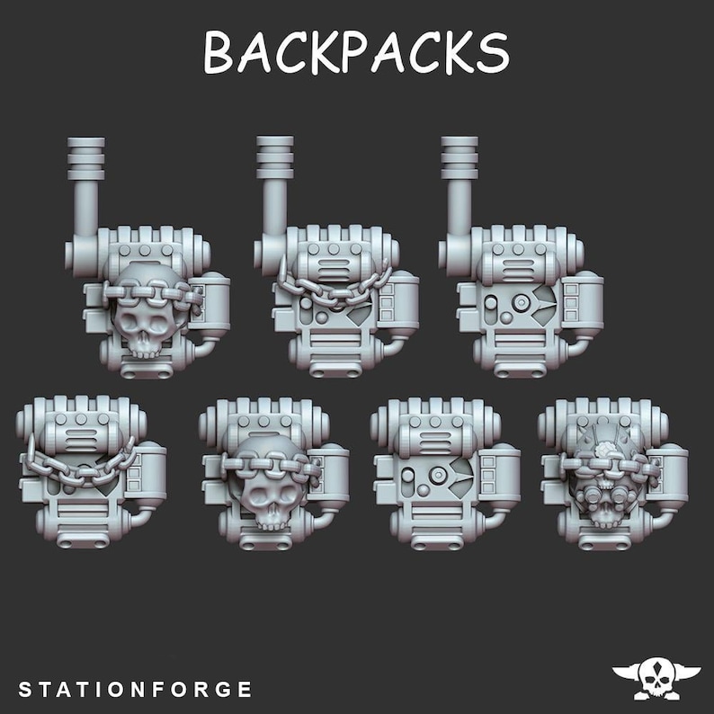 May include: Seven 3D printed miniature backpacks with different designs, including skulls, chains, and gears. The backpacks are made of a light gray plastic and are designed for tabletop gaming.