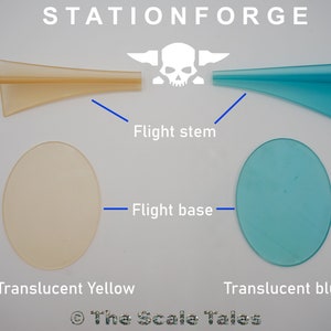May include: Two sets of translucent plastic dart flights. One set is yellow and the other is blue. Each set includes a flight stem and a flight base.