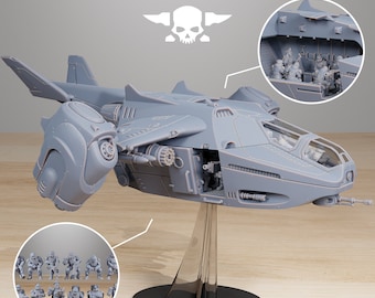 May include: A gray plastic model of a spaceship with a skull logo on the top. The spaceship has a large, round, gray pod on the front and a clear cockpit. The spaceship is on a black stand. The text "STATIONFORGE" is printed in white on a gray background.