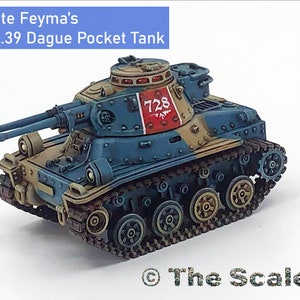 May include: A blue and tan painted miniature tank with a red and white number "728" on the side. The tank has two cannons on top and is on a white background. Nate Feyma's AL.39 Dague Pocket Tank.