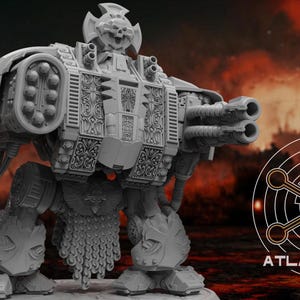 May include: A gray, detailed model of a war machine with multiple cannons and intricate designs. The model has a skull-like head and is set against a fiery background. The logo "ATLAN FORGE" is visible.