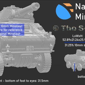 May include: A detailed illustration of a Minotaur IFV model, with dimensions and scale information. The image includes text indicating this listing is for a 10mm model, with a 32mm model shown for reference. The 32mm model's height is 31.5mm.