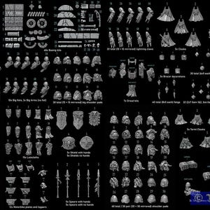 May include: A collection of 446 total bits, including various miniature parts such as shoulder pads, weapons, and decorative elements. The image features text that reads "Primal Hounds bits" and "GreyTide Studio".