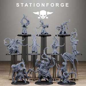 May include: A collection of gray miniature fantasy figures, each depicting a unique creature with tentacles, wings, and otherworldly features. The figures are displayed on black stands, with the "STATIONFORGE" logo at the top.