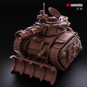 May include: A brown, detailed, futuristic tank model with a large, raised, front-mounted plow. The tank has a large, open hatch on top, revealing a missile launcher. The tank has a detailed, textured surface and is made of plastic.