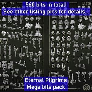 May include: A collection of 560 miniature gaming bits labeled Eternal Crusaders and Lion's pride, featuring various grey plastic helmets, shoulder pads, capes, swords, shields, and weapons arranged on a dark background with Greytide Studio branding.
