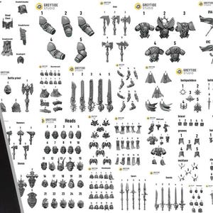 May include: A detailed image showcasing miniature figurines and components for tabletop gaming. The main figure is a red and gold warrior with a sword, labeled "Crimson Lords." Various parts and accessories are displayed, including weapons, armor, and banners.