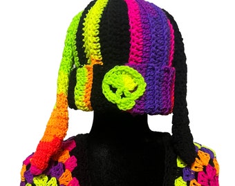 Beanie Bunny Ear Cat Ear Blacklight UV Reactive Hat Handmade Made to Order