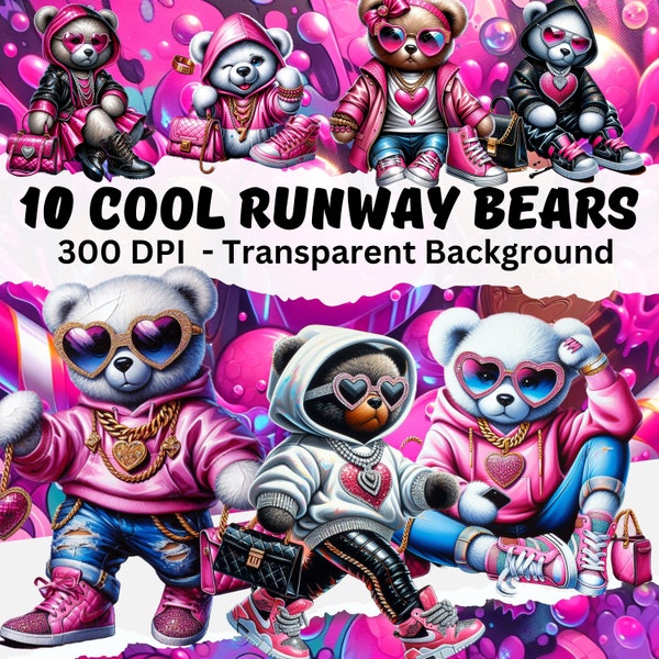 10 Coole Runway Fashion Bears, Teddybären, PNG Hintergrund, Clipart Graffiti & Aquarell Bär