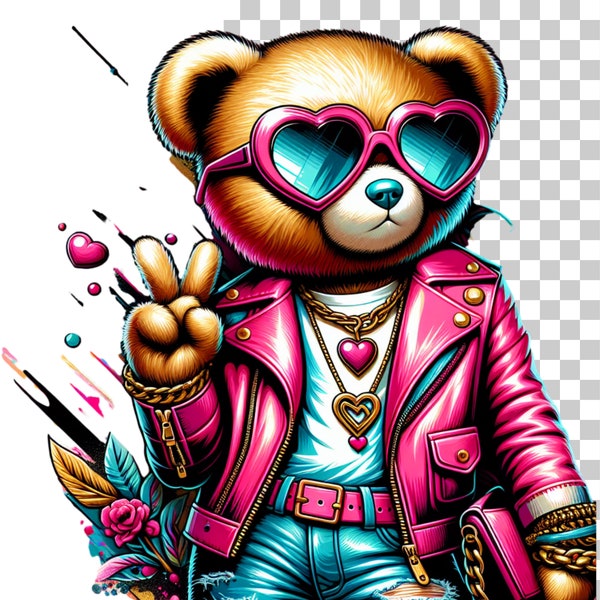 Cool Peace and Love Teddy Bear, Teddy Bear PNG, Teddy Bear Sublimation Art