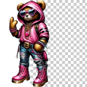 Charming Urban Girl Teddy Bear PNG Sublimation Art, Watercolor, High-Quality 300 DPI