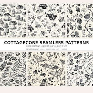 Peut inclure: Une collection de six motifs sans couture en linogravure noir et blanc représentant des champignons, abeilles, rayons de miel, mûres, fougères, papillons de nuit et fraises. Le texte indique COTTAGECORE SEAMLESS PATTERNS COORDINATING LINOCUT DIGITAL PAPER SET 12 SEAMLESS PATTERNS COMMERCIAL USE 300 DPI.