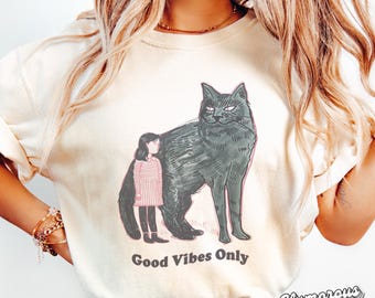 Comfort Colors® Good Vibes Only 02020 | positive tee,big cat shirt,cat lover gift,funny cat tshirt,black cat,trending t-shirt,student,happy