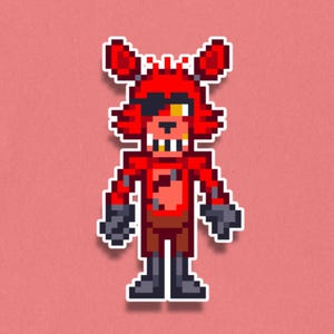 May include: Pixelated image of a red fox character with an eye patch, black gloves, and brown shorts. The fox has a pixelated design with a white outline, set against a pink background. The character is in a standing pose.