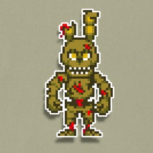 May include: Pixelated image of a green, rabbit-like character with red accents, possibly a video game character. The character has a menacing expression with sharp teeth and yellow eyes. The design is reminiscent of retro video game graphics.