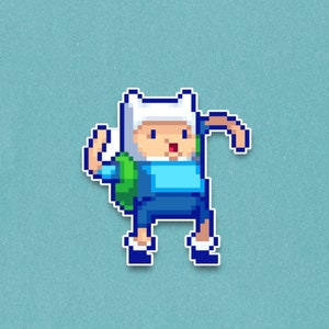 May include: A pixelated sticker of Finn from Adventure Time. The character is depicted in a blue outfit with a white hat and a green backpack. The sticker is on a light blue background.