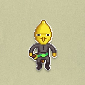 May include: Pixelated illustration of a lemon-headed character in a black outfit with a green belt and a sword. The character has a yellow face and is standing against a light tan background. The artwork is in a retro video game style.