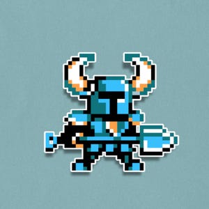 May include: A pixelated sticker featuring a blue knight with a shovel. The knight has a helmet with white horns and is holding a shovel. The sticker has a white border and is set against a light blue background.