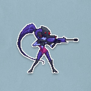 May include: Pixel art sticker of a character in a purple bodysuit and mask, holding a purple sniper rifle. The character has long, dark purple hair and is posed in a shooting stance. The sticker has a white border and is set against a light blue background.