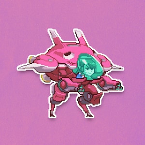 May include: Pixel art sticker featuring a pink and red mech suit with a pilot in a green helmet. The sticker has a white border and is set against a soft purple background. The design is reminiscent of a video game character.