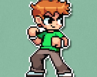 Pegatina premium de Scott Pilgrim / Pegatina laminada impermeable con diseño pixelado / Calcomanía de videojuegos y cómics