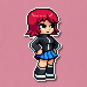 May include: A pixel art sticker featuring a character with short, vibrant red hair, wearing a black jacket with white trim, a bright blue pleated skirt, and black boots with white soles. The character has a neutral expression and stands facing forward.