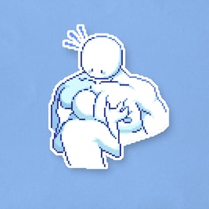 May include: A white pixelated sticker featuring a muscular figure with a surprised expression. The figure is in a light blue outline with a blue background. The sticker has a white border.