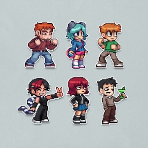 May include: A collection of six pixel art character stickers. The characters have various hair colors and outfits, including a red jacket, blue sweater, green shirt, black outfit, and brown sweater. Each character is in a different pose.