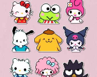 Lot d'autocollants Sanrio | Autocollants pixel art plastifiés et imperméables | Comprend plus de 9 autocollants de qualité supérieure