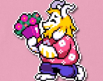 Autocollant premium Asgore avec fleurs | Autocollant pixel art imperméable et laminé | Décalcomanie Deltarune