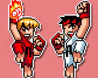 Juego de pegatinas premium de Ryu y Ken / Pegatinas laminadas impermeables con diseño pixelado / Calcomanías de Street Fighter