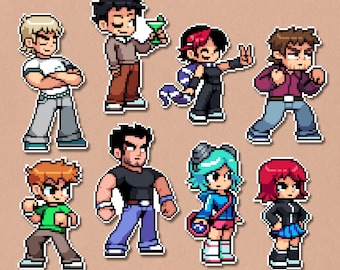 Lot d'autocollants Scott Pilgrim | Autocollants pixel art plastifiés et imperméables | Comprend plus de 8 autocollants de qualité supérieure