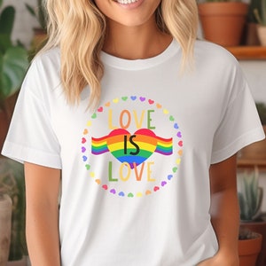 Pride Love is Love T-shirt: Rainbow Hearts Circle, LGBTQ Tee