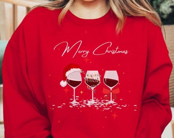 Merry Christmas Wine Glasses Sweatshirt, Holiday Cheer, Unisex Fit