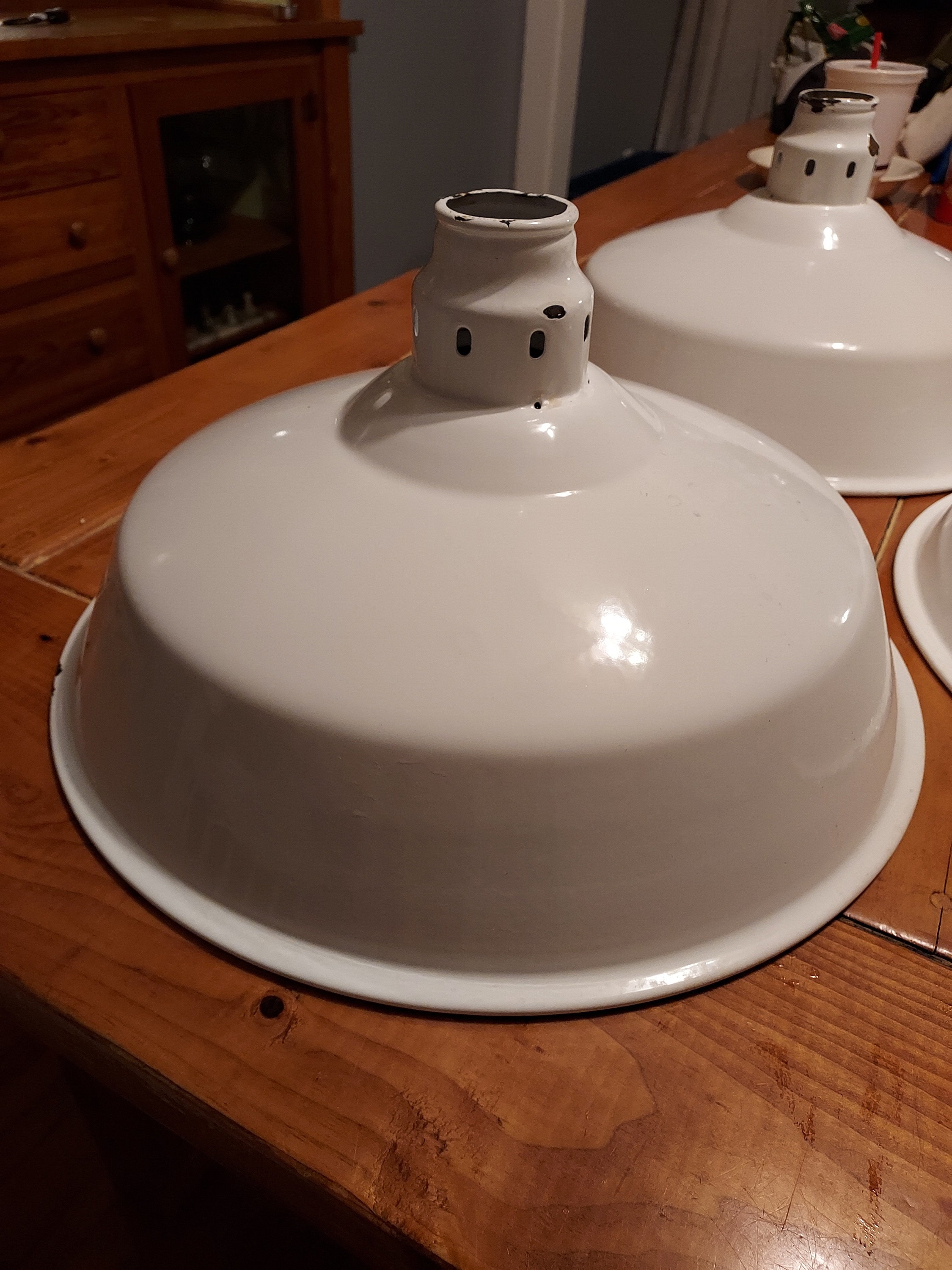Vintage Steber white porcelain coated light fixture cover, 16" Farmhouse decor