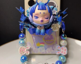 Exclusive DIY handmade phone hanger with Popmart SkullPanda Blue Morpho