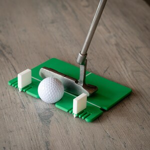 May include: A green putting green with a white golf ball and a silver putter. The putter is resting on the green with the ball in front of it. There are two white plastic tees on the green.