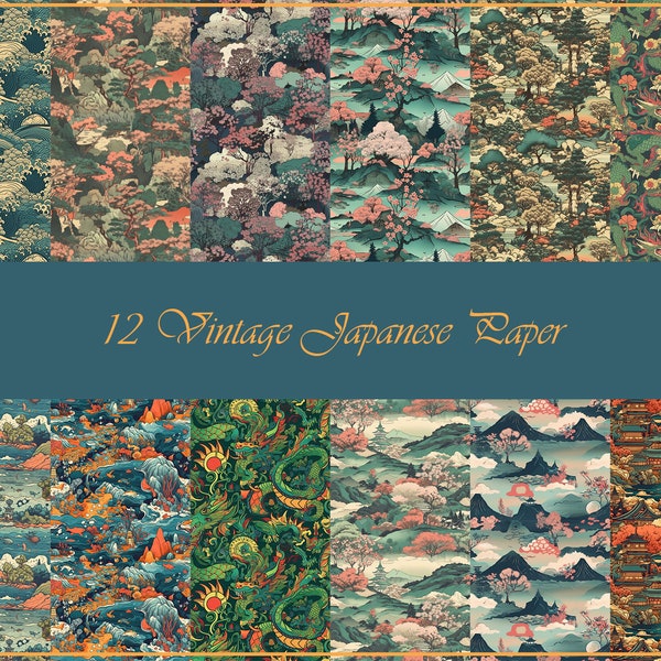 12 Vintage Japanese Paper, Seamless, Japanese Nature Vintage, Digital Download, Old Japanese Art, Scrapbook Paper, Japanese Pattern Digital