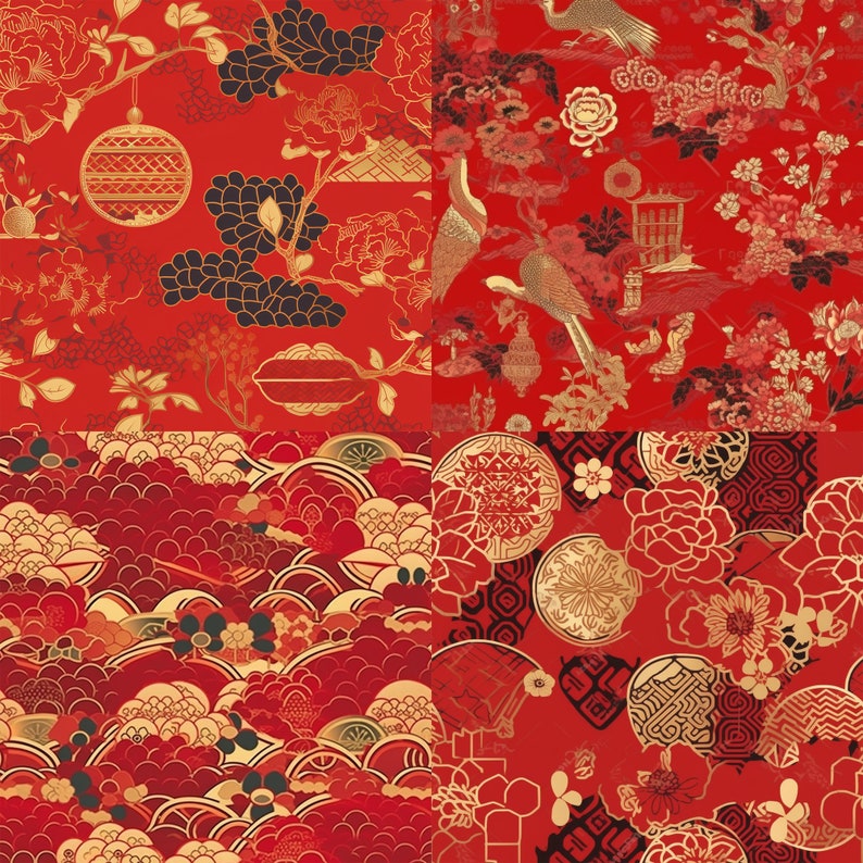 12 Japanese Red and Gold Chinoiserie, Seamless, Vintage, Digital Download, Old Japanese Art