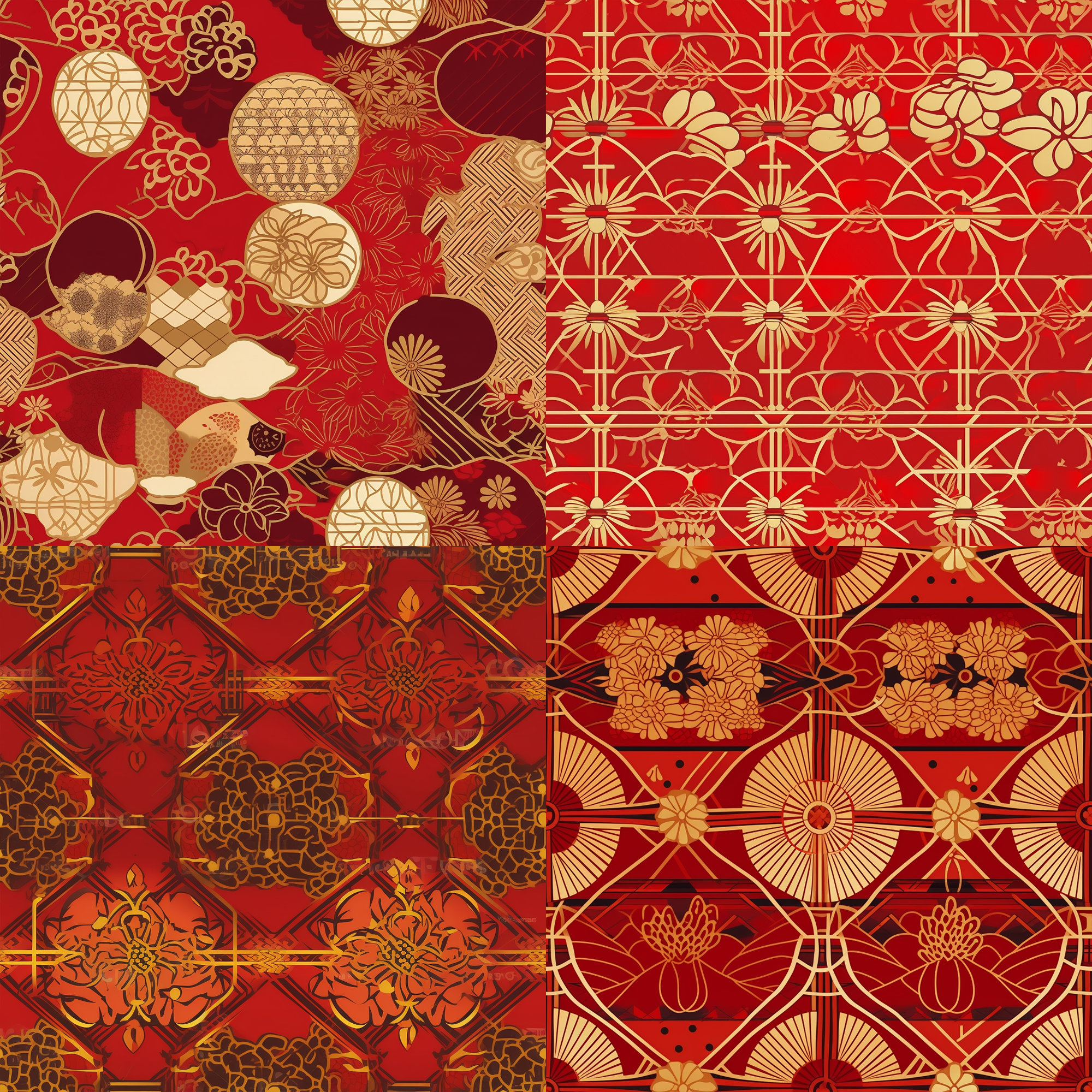 12 Japanese Red and Gold Chinoiserie, Seamless, Vintage, Digital